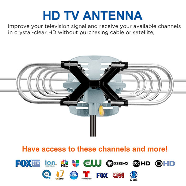  360 度旋转 OTA 放大户外高清电视天线 - UHF/VHF/1080P 频道无线遥控器